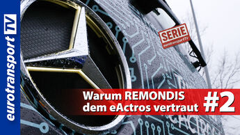 Nahaufnahme des Mercedes-Benz-Sterns am eActros 600 mit Wassertropfen, daneben das eurotransportTV-Logo und der Teasertext „Warum REMONDIS dem eActros vertraut #2“.
