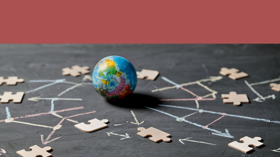 Networking or communication, blockchain, global technology, communities and e-marketing. Globe and puzzle piece