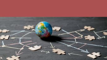 Networking or communication, blockchain, global technology, communities and e-marketing. Globe and puzzle piece