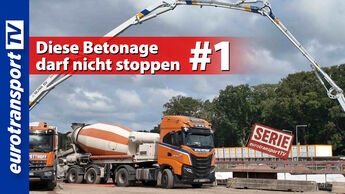 Orangefarbener Betonmischer-Lkw auf einer Schleusenbaustelle mit großer Betonpumpe im Hintergrund. Links das eurotransportTV-Logo und der Serienstempel „SERIE eurotransportTV“. Schriftinsert „Diese Betonage darf nicht stoppen“ #1.