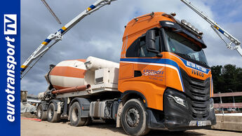 Orangefarbener Iveco-Betonmischer der Firmengruppe Potthoff auf der Schleusenbaustelle in Rheine, Betonage mit Auslegerarm, links das eurotransportTV-Logo.