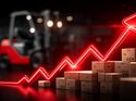 Rising Inventory & Economic Growth: Dynamic composition showcasing an upward trending red neon arrow superimposed over a stack of parcel boxes, symbolizing growth.