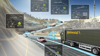 Schematische Darstellung von eHorizon-Funktionen: Das Getriebe wählt entsprechend der vor dem Lkw befindlichen Strecke den passenden Gang und benutzt in Gefällen Eco-Roll oder lässt in Steigungen den Motor ziehen.