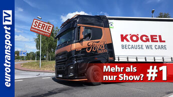 Schwarz-bronze-farbener Ford F-MAX Sattelzug mit Kögel-Auflieger fährt durch einen Kreisverkehr, rotes Banner mit der Schrift „Mehr als nur Show? #1“ sowie Serienstempel „Serie eurotransportTV“, links das eurotransportTV Logo.