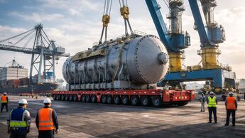 Selbstfahrende Modultransporter (SPMT) bewegen ein übergroßes Anlagenteil im Hafenterminal