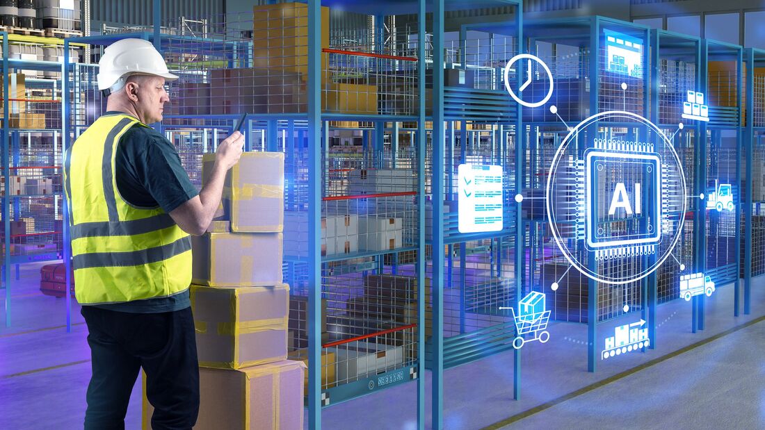 Smart logistics worker manages warehouse operations with AI technology, using digital tools for inventory tracking, automation, and efficient supply chain control.