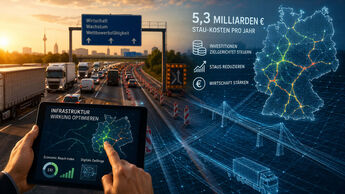 Stau auf einer deutschen Autobahn mit Lkw und Pkw sowie digitaler Darstellung des Straßennetzes und des Economic Reach Index.