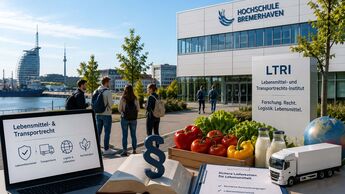 Symbolbild zur Gründung des Lebensmittel- und Transportrechts-Instituts (LTRI) an der Hochschule Bremerhaven. Das Motiv verbindet Hochschule, Lebensmittellogistik, Transportrecht und sichere Lieferketten.