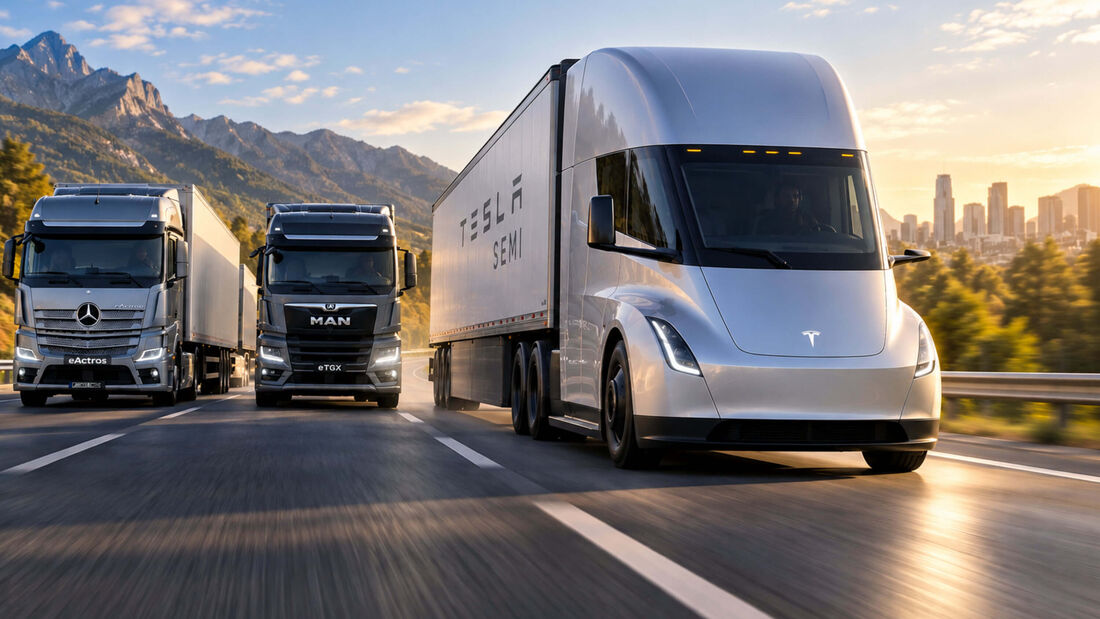 Tesla Semi fährt auf einer Autobahn vor einem Mercedes eActros und einem MAN eTGX. Das Symbolbild zeigt den Wettbewerb bei schweren Elektro-Lkw.