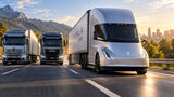 Tesla Semi fährt auf einer Autobahn vor einem Mercedes eActros und einem MAN eTGX. Das Symbolbild zeigt den Wettbewerb bei schweren Elektro-Lkw.