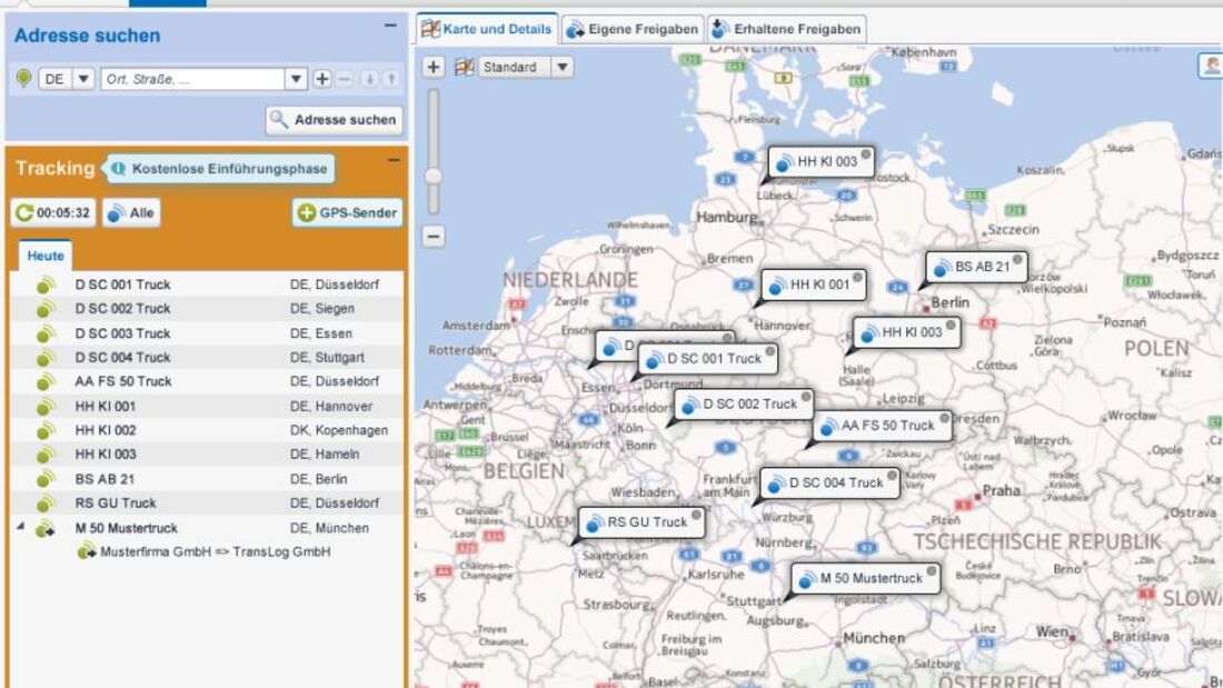 Timocom Tracking, Screenshot