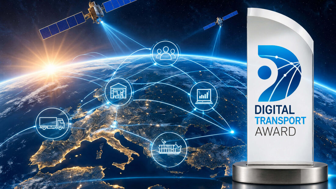 Trophäe des Digital Transport Award vor der Erde mit Satelliten und digital vernetzten Transportwegen.
