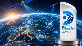 Trophäe des Digital Transport Award vor der Erde mit Satelliten und digital vernetzten Transportwegen.