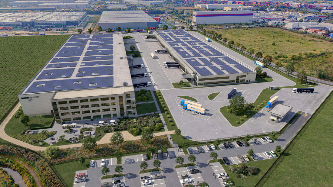 Visualisierung des neuen Food-Logistikzentrums der Nagel-Group im GVZ Bremen mit Hallen, Lkw-Verkehr und Ladeinfrastruktur.