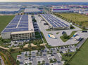 Visualisierung des neuen Food-Logistikzentrums der Nagel-Group im GVZ Bremen mit Hallen, Lkw-Verkehr und Ladeinfrastruktur.