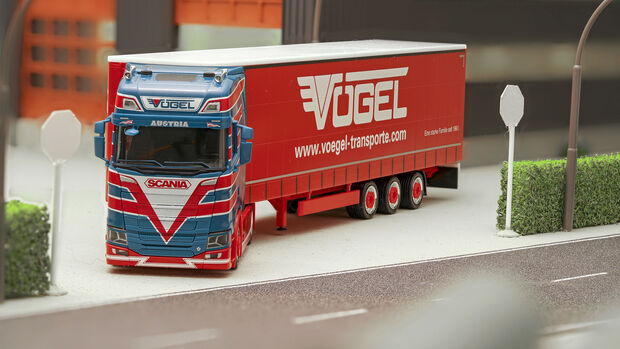 Vögel Transporte Scania S, Herpa 1:87, Modelle FF 1/2022, mit Hintergrund / Fotodiorama JR