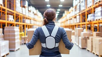 Warehouse worker wearing posture support carrying cardboard box