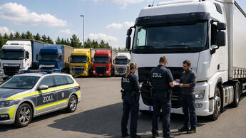 Zollbeamte kontrollieren einen Lkw-Fahrer und seine Unterlagen auf einem Betriebshof mit mehreren Lastwagen.