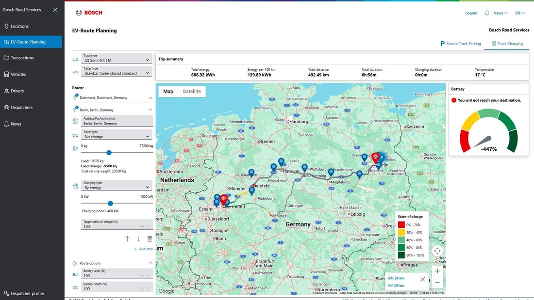 Bosch-Dienst für E-Lkw-Routen