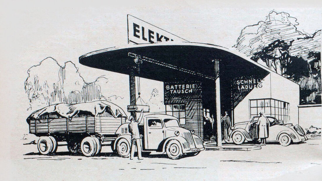 llustration einer Elektrotankstelle mit Schnelllader und Wechsel-Akku