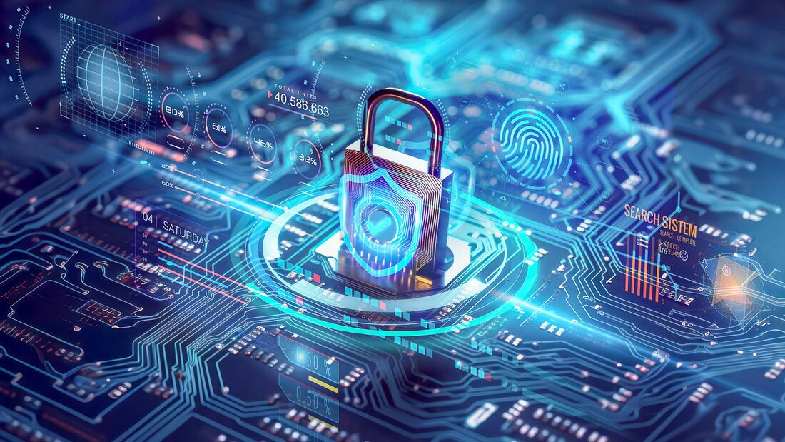 secure connection or cybersecurity service concept of compute motherboard closeup and safety lock with login and connecting verified credentials as wide banner design with copyspace area - Generative AI