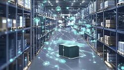 smart warehouse management system, featuring interconnected IoT devices that enable a seamless flow of information and facilitate predictive maintenance, generative ai